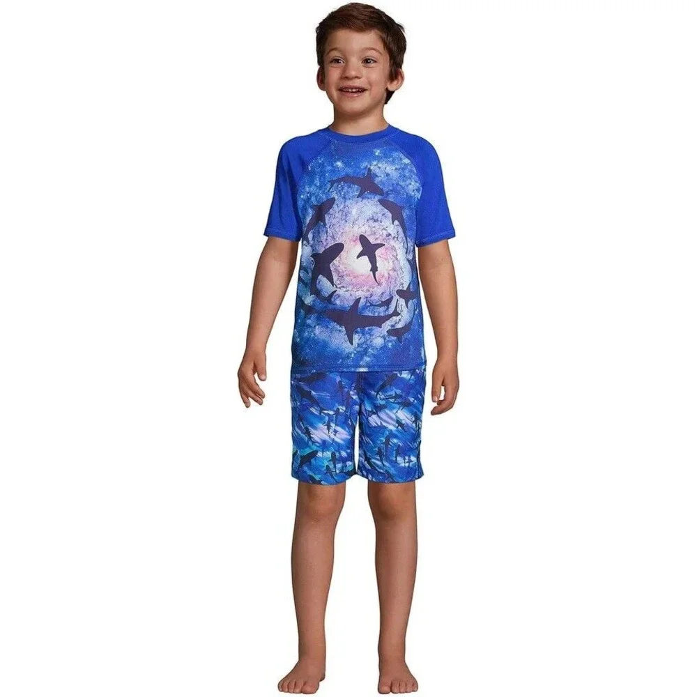 Lands' End Boys Large Cool Sharks Swim Trunks Drawstring Pocket Mesh Lined NWT